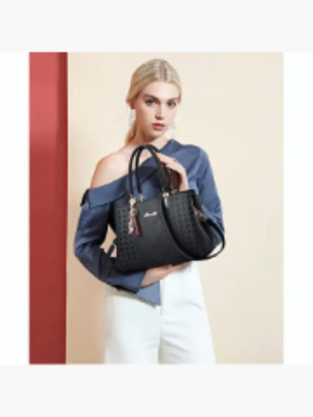 Faux Leather Satchel Tote Bag Women Shoulder Crossbody Handbag 7 Pockets